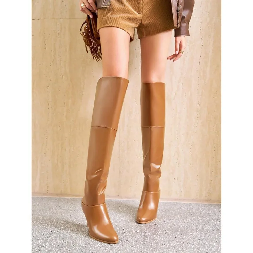 🆕Women Light Brown Thigh High Pointed Toe Chunky Heel Over the Knee Boot